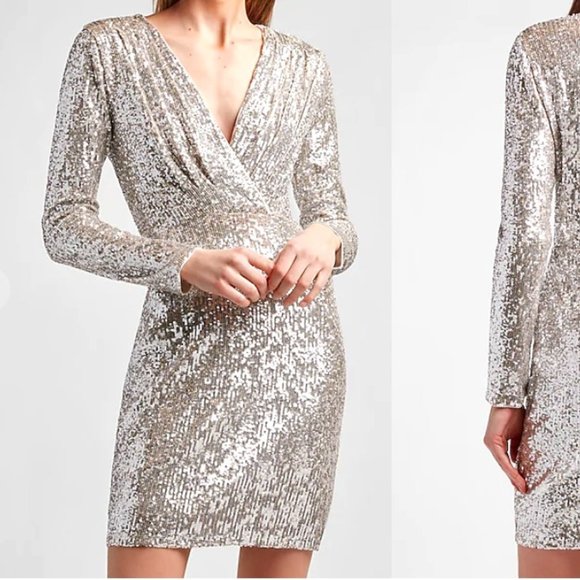 Express Dresses & Skirts - EXPRESS Sequin Wrap Front Sheath Dress Silver